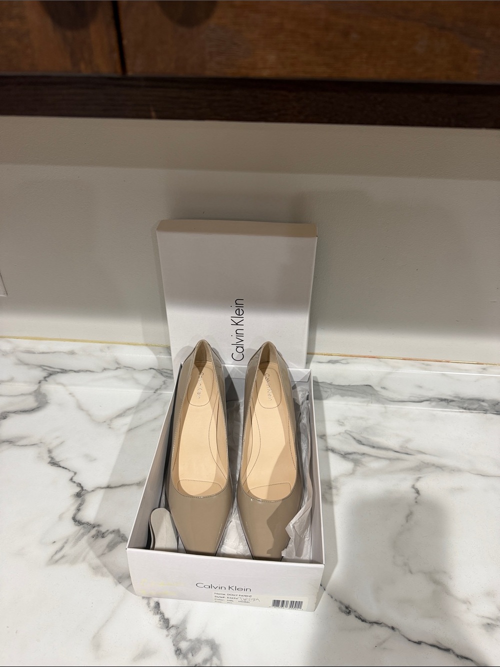 Calvin Klein Taupe Patent Pointed Toe Flats